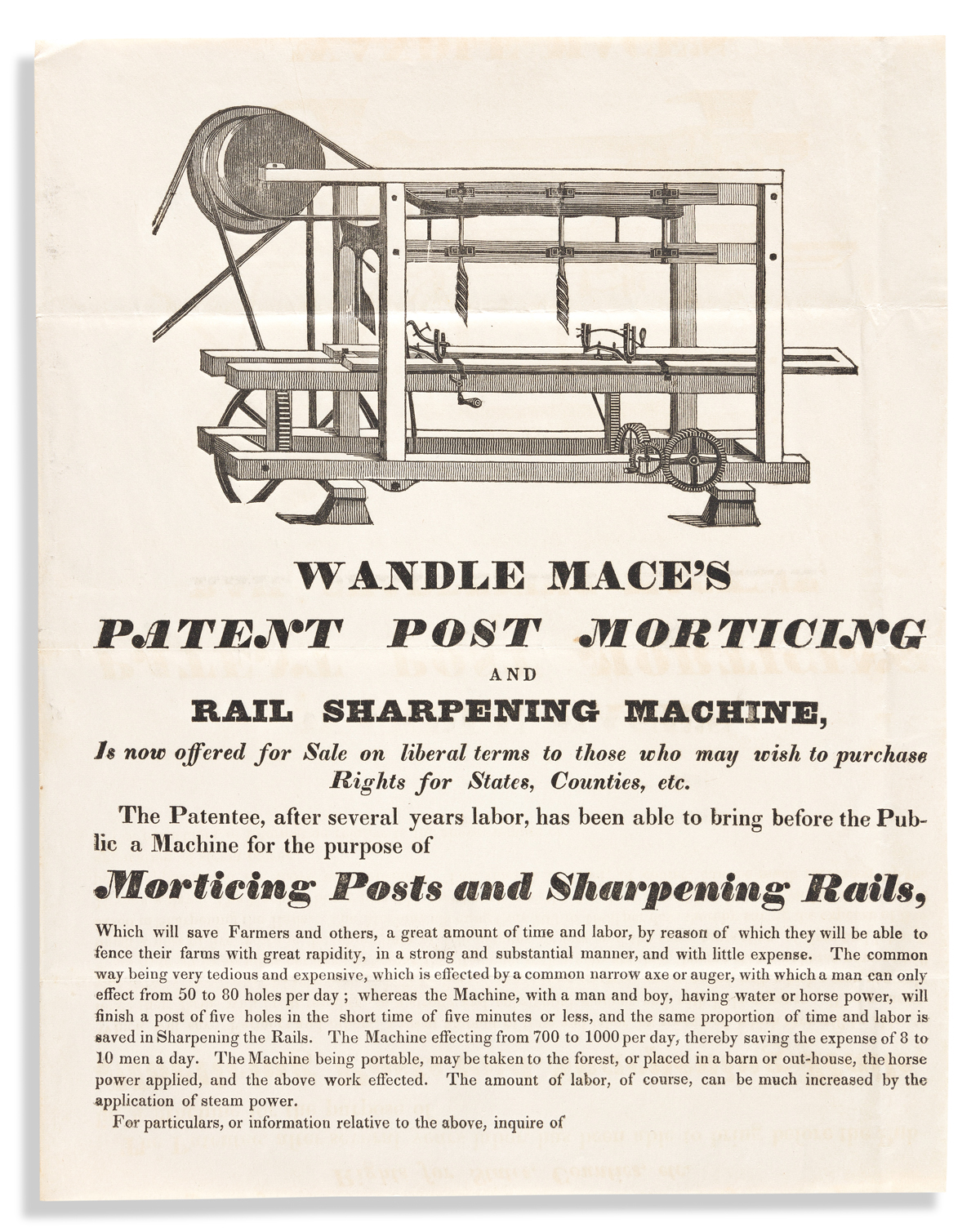 (SCIENCE & ENGINEERING.) Wandle Maces Patent Post Morticing and Rail Sharpening Machine.